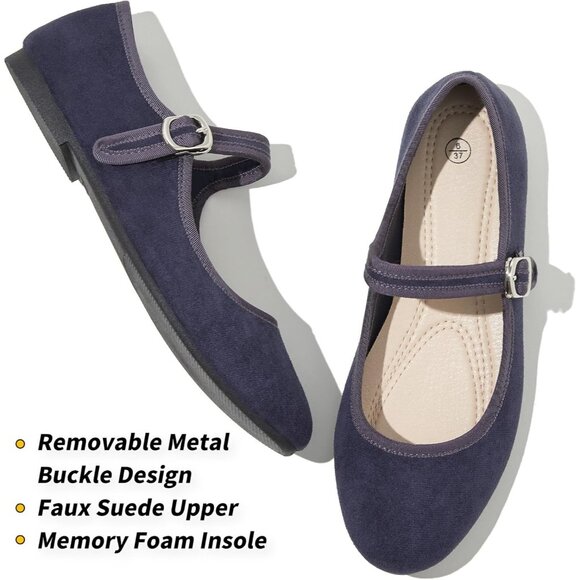 Babudog Womens Navy Faux Suede Rounded Toe Ankle Strap With Buckle Flats - Picture 2 of 9